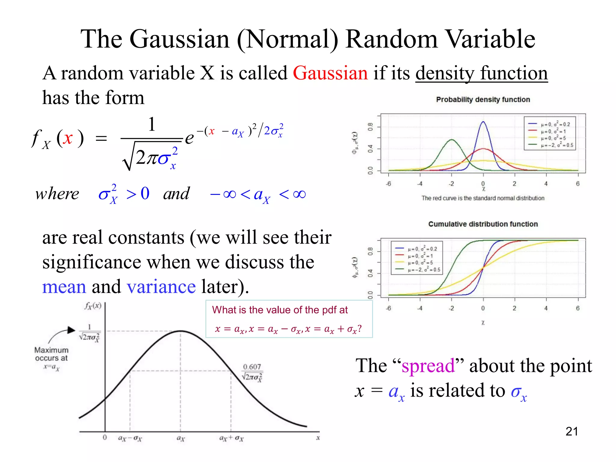 The Gaussian (Normal) Random Variable
2
0X Xwhere and a     
A random variable X is called Gaussian if its density function
has the form
22
2
2
( )1
( )
2
X xa
x
x
Xf ex 

 

are real constants (we will see their
significance when we discuss the
mean and variance later).
The “spread” about the point
x = ax is related to σx
21
What is the value of the pdf at
𝑥 = 𝑎 𝑥, 𝑥 = 𝑎 𝑥 − 𝜎 𝑥, 𝑥 = 𝑎 𝑥 + 𝜎 𝑥?
 