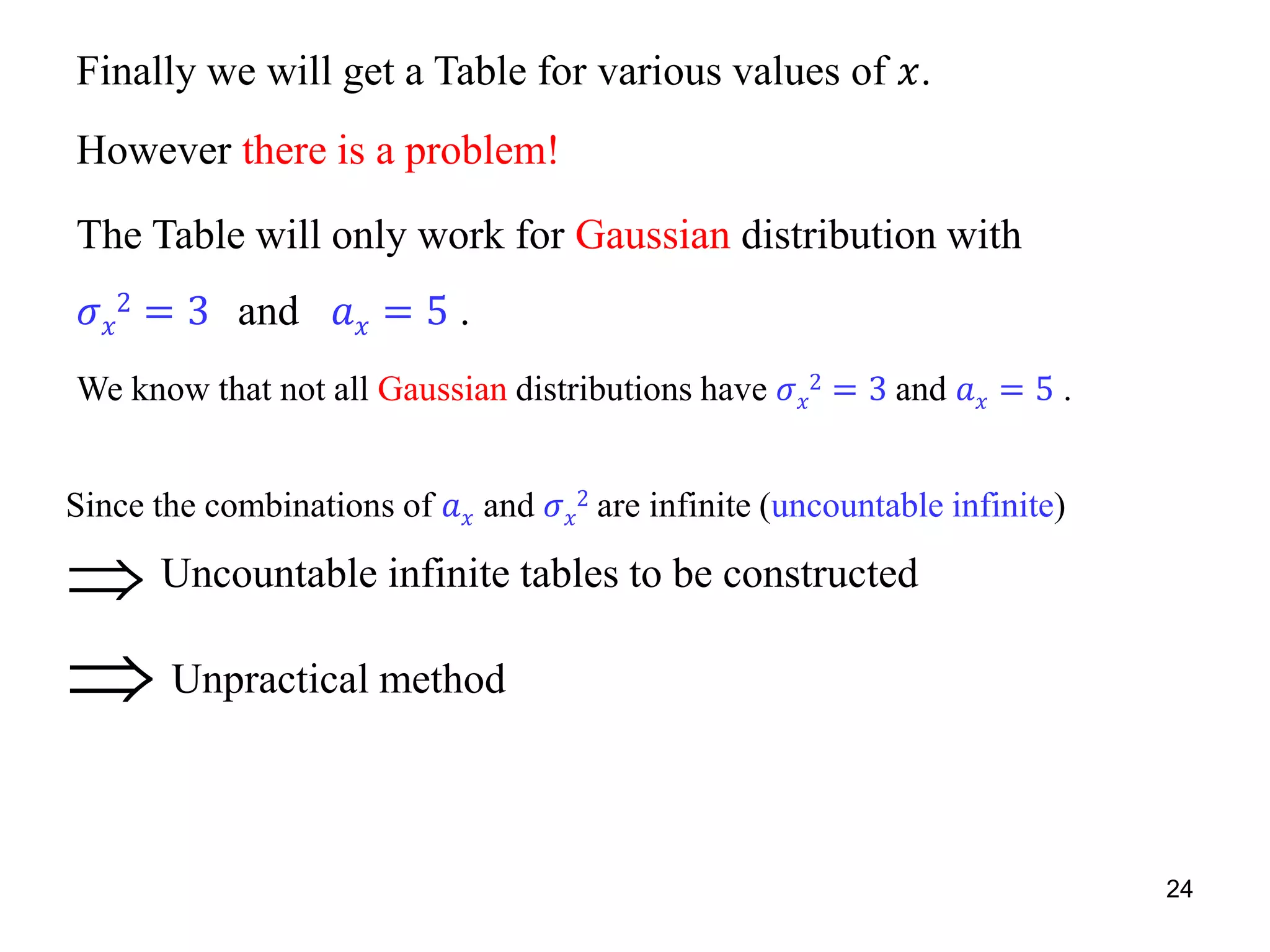 Finally we will get a Table for various values of 𝑥.
However there is a problem!
The Table will only work for Gaussian distribution with
𝜎 𝑥
2 = 3 and 𝑎 𝑥 = 5 .
We know that not all Gaussian distributions have 𝜎 𝑥
2 = 3 and 𝑎 𝑥 = 5 .
Since the combinations of 𝑎 𝑥 and 𝜎 𝑥
2 are infinite (uncountable infinite)
 Uncountable infinite tables to be constructed
Unpractical method
24
 