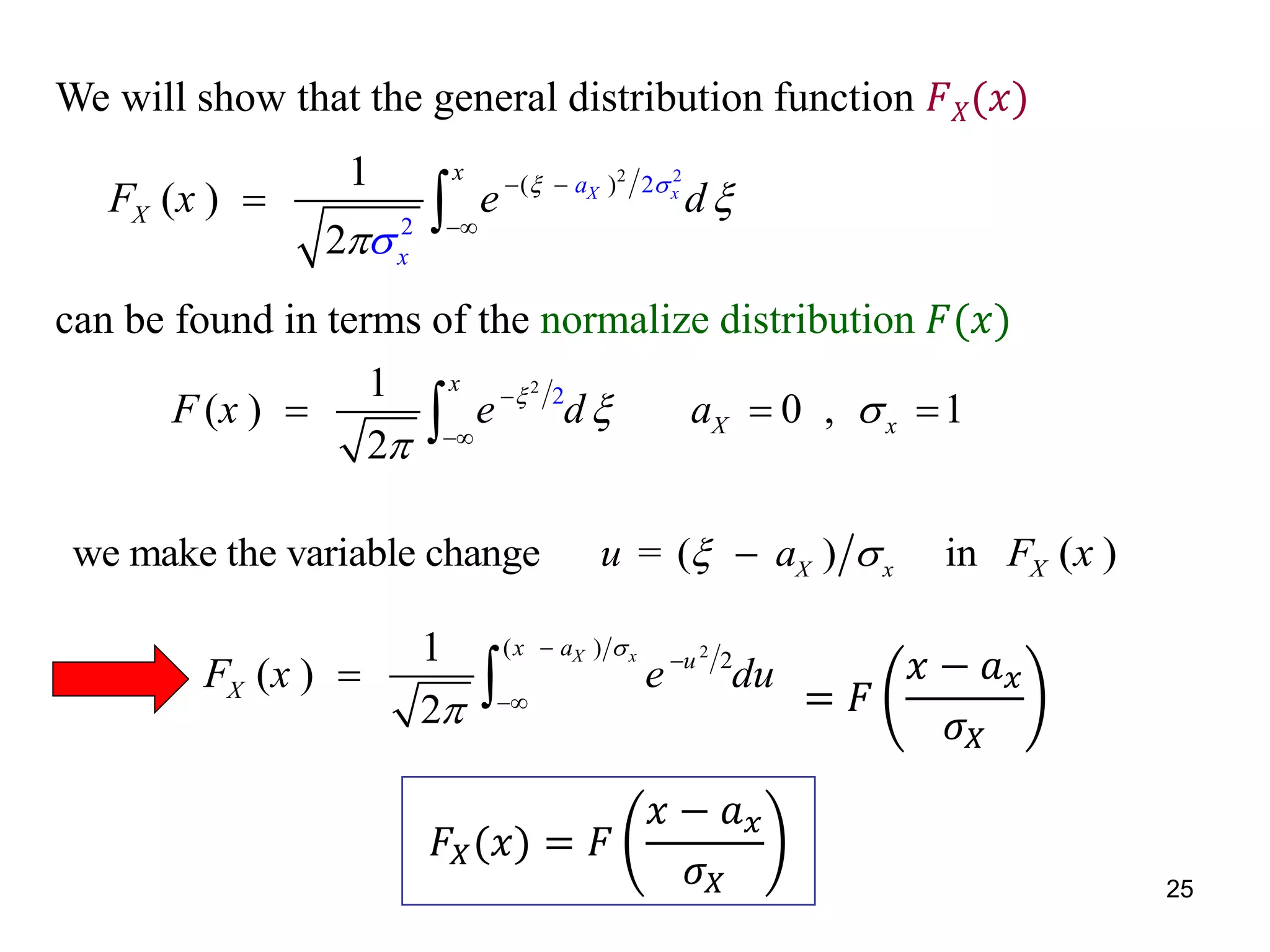 2 2
( ) 2
2
1
( )
2
X xa
x
x
XF x e d 


 

 
we make the variable change = ( ) in ( )X x Xu a F x 
2( )
21
( )
2
X xx a
u
XF x e du





 
We will show that the general distribution function 𝐹 𝑋(𝑥)
2
21
( ) 0 , 1
2
x
X xF x e d a
 



  
can be found in terms of the normalize distribution 𝐹(𝑥)
25
= 𝐹
𝑥 − 𝑎 𝑥
𝜎 𝑋
𝐹𝑋(𝑥) = 𝐹
𝑥 − 𝑎 𝑥
𝜎 𝑋
 