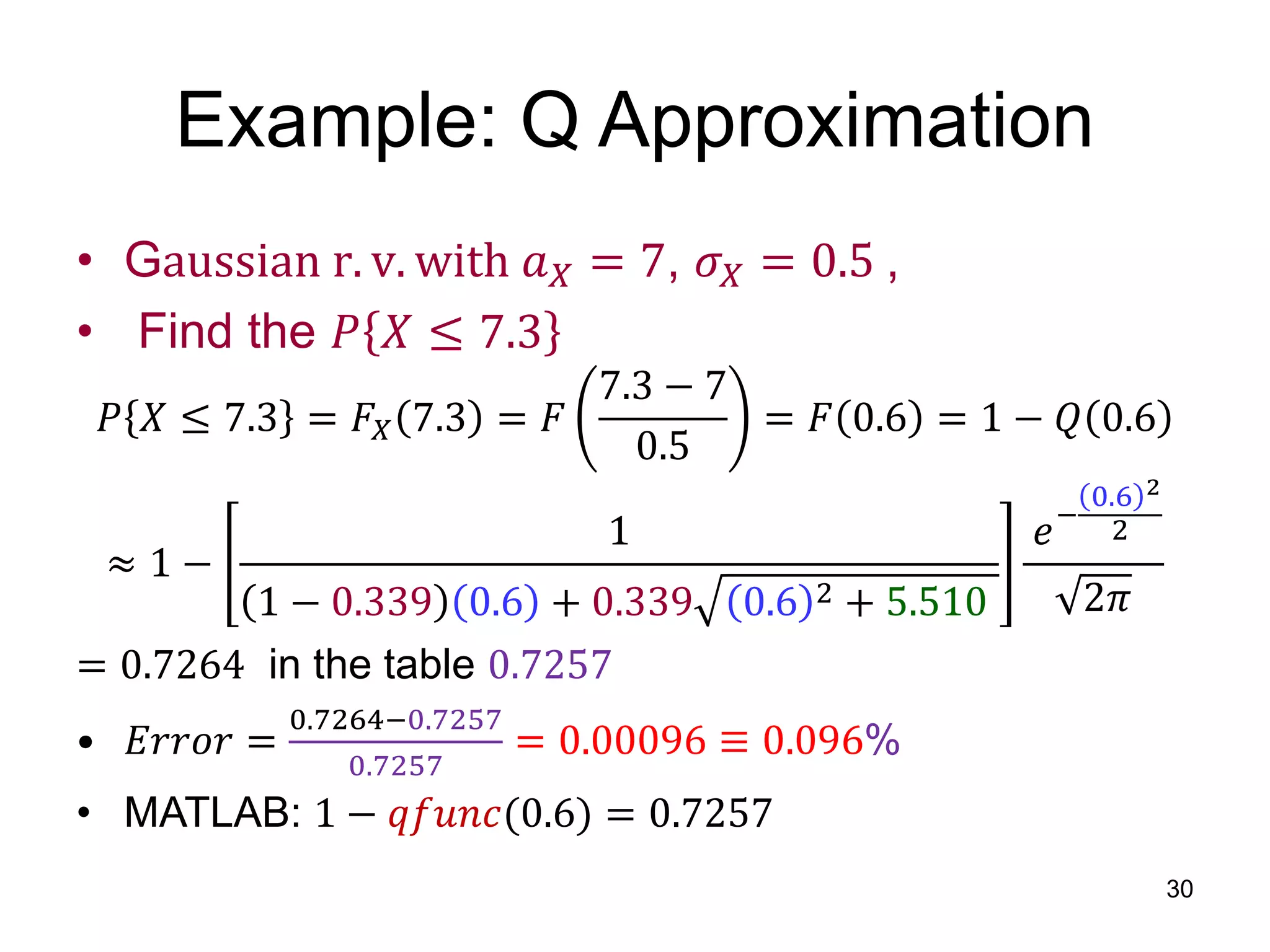 Example: Q Approximation
• Gaussian r. v. with 𝑎 𝑋 = 7, 𝜎 𝑋 = 0.5 ,
• Find the 𝑃 𝑋 ≤ 7.3
𝑃 𝑋 ≤ 7.3 = 𝐹𝑋 7.3 = 𝐹
7.3 − 7
0.5
= 𝐹 0.6 = 1 − 𝑄 0.6
≈ 1 −
1
1 − 0.339 0.6 + 0.339 0.6 2 + 5.510
𝑒−
0.6 2
2
2𝜋
= 0.7264 in the table 0.7257
• 𝐸𝑟𝑟𝑜𝑟 =
0.7264−0.7257
0.7257
= 0.00096 ≡ 0.096%
• MATLAB: 1 − 𝑞𝑓𝑢𝑛𝑐(0.6) = 0.7257
30
 