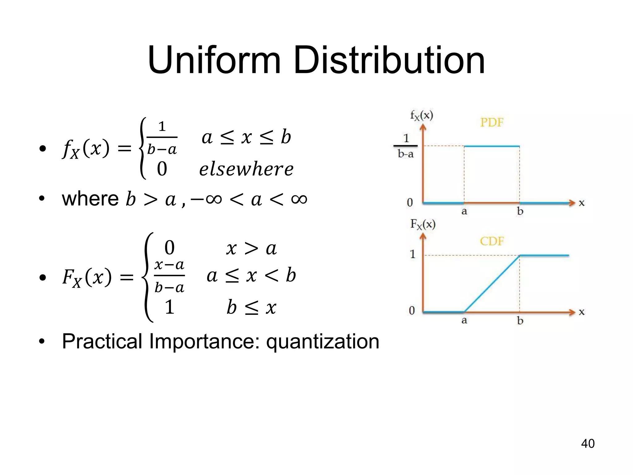 Uniform Distribution
• 𝑓𝑋 𝑥 =
1
𝑏−𝑎
𝑎 ≤ 𝑥 ≤ 𝑏
0 𝑒𝑙𝑠𝑒𝑤ℎ𝑒𝑟𝑒
• where 𝑏 > 𝑎 , −∞ < 𝑎 < ∞
• 𝐹𝑋 𝑥 =
0 𝑥 > 𝑎
𝑥−𝑎
𝑏−𝑎
𝑎 ≤ 𝑥 < 𝑏
1 𝑏 ≤ 𝑥
• Practical Importance: quantization
40
 