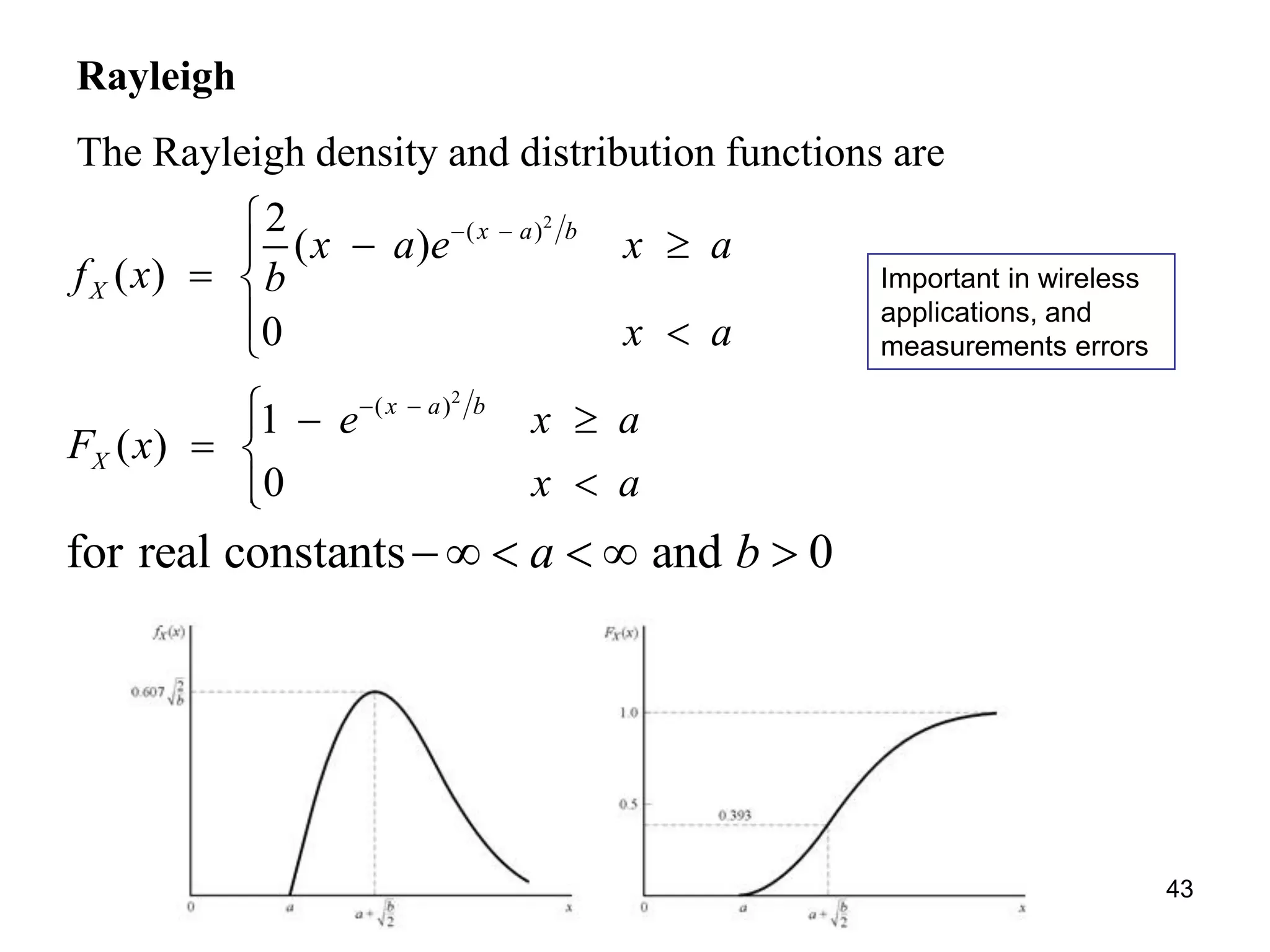 Rayleigh
The Rayleigh density and distribution functions are
2
( )2
( )
( )
0
x a b
X
x a e x a
f x b
x a
 
 
 
 
2
( )
1
( )
0
x a b
X
e x a
F x
x a
   
 

for real constants and 0a b    
43
Important in wireless
applications, and
measurements errors
 