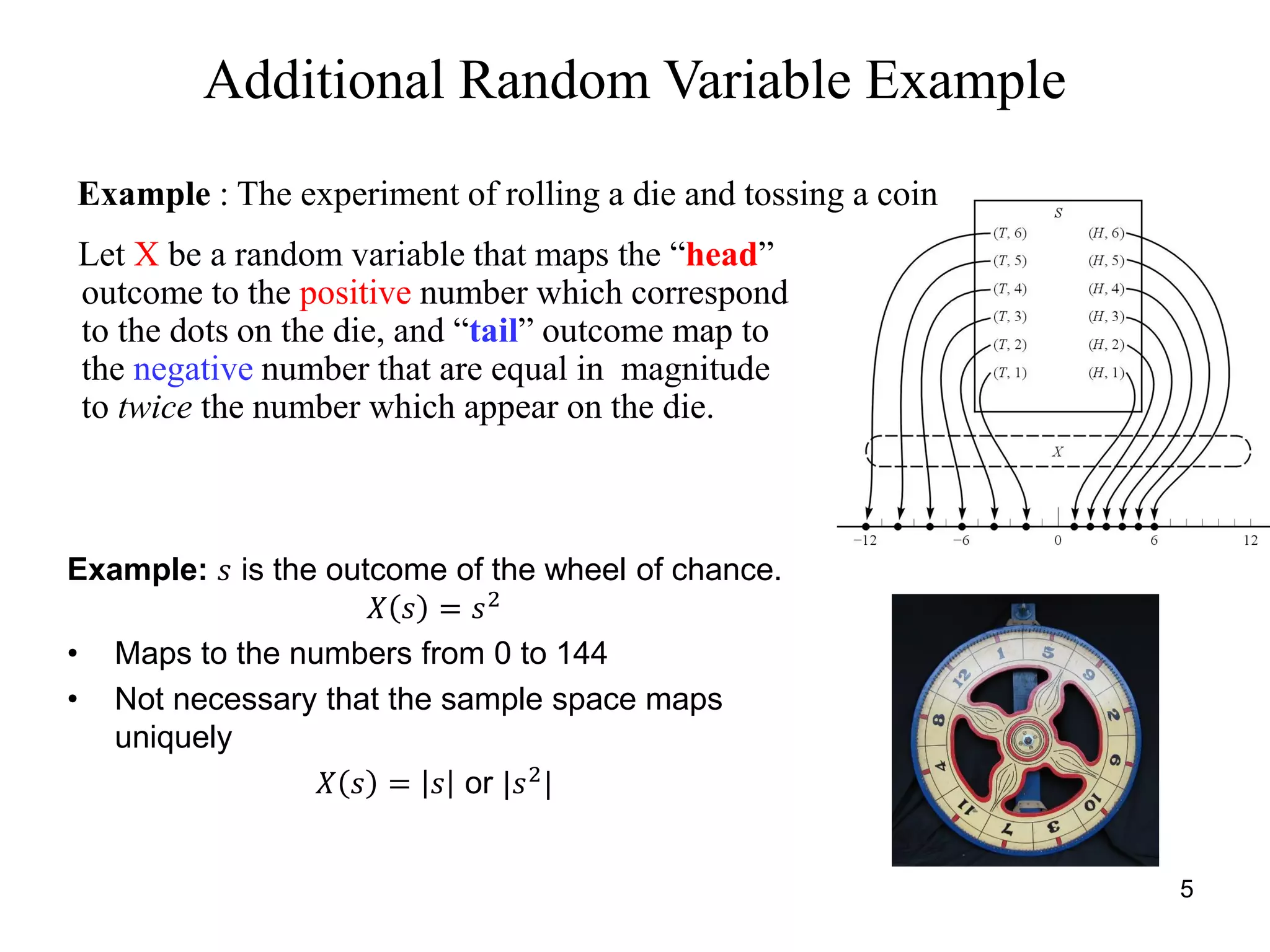 Additional Random Variable Example
Let X be a random variable that maps the “head”
outcome to the positive number which correspond
to the dots on the die, and “tail” outcome map to
the negative number that are equal in magnitude
to twice the number which appear on the die.
Example : The experiment of rolling a die and tossing a coin
5
Example: 𝑠 is the outcome of the wheel of chance.
𝑋 𝑠 = 𝑠2
• Maps to the numbers from 0 to 144
• Not necessary that the sample space maps
uniquely
𝑋 𝑠 = 𝑠 or |𝑠2|
 