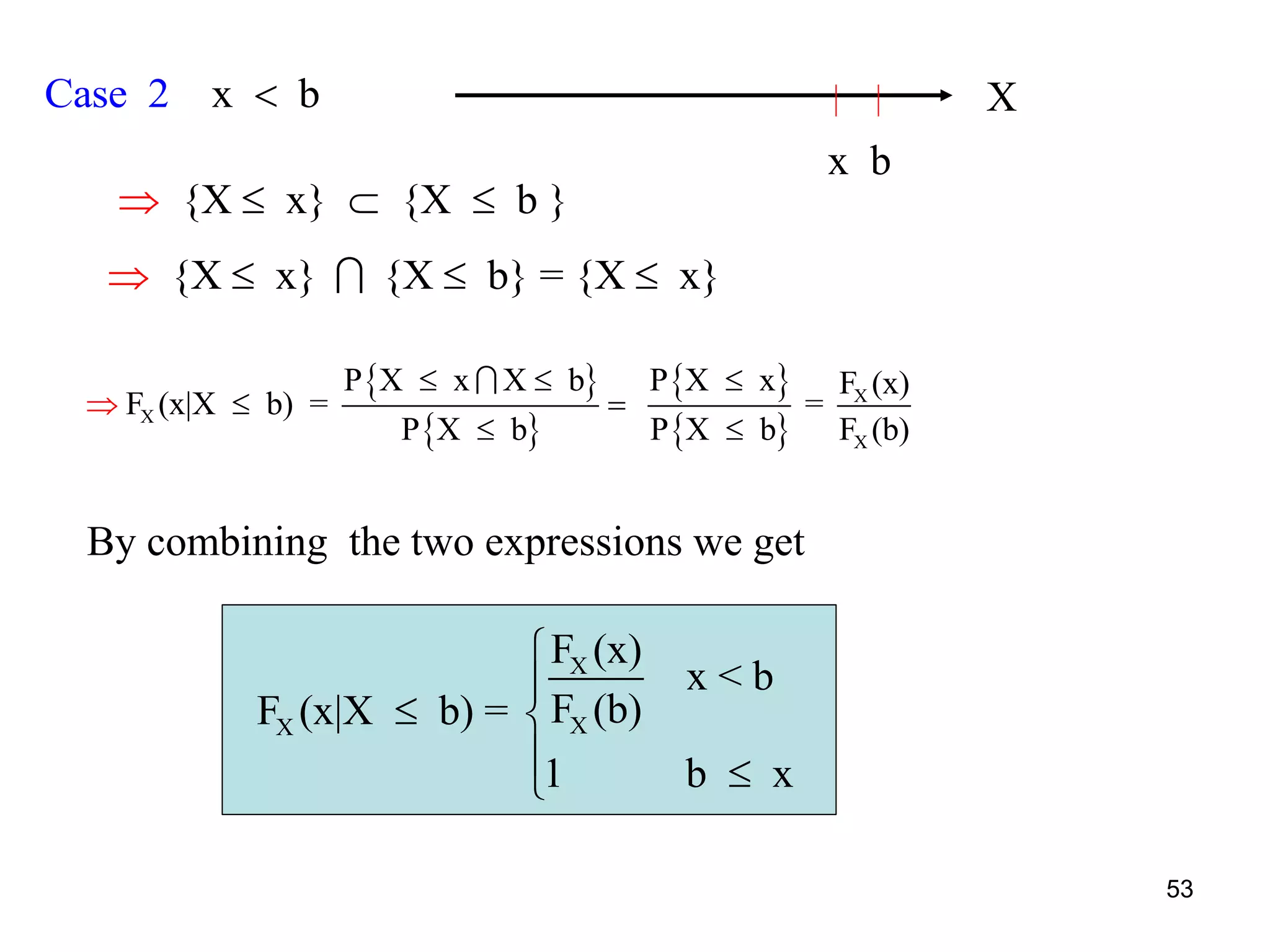 Cas xe 2 b
{X x} {X b }  
{X x} {X b} = {X x}  
 
 
 
 
X
X
X
P X x X b P X x F (x)
F (x|X b) = =
P X b P X b F (b)
  
 
 

By combining the two expressions we get
X
XX
F (x)
x < b
F (b)F (x|X b) =
1 b x


 
 
X
x b
53
 