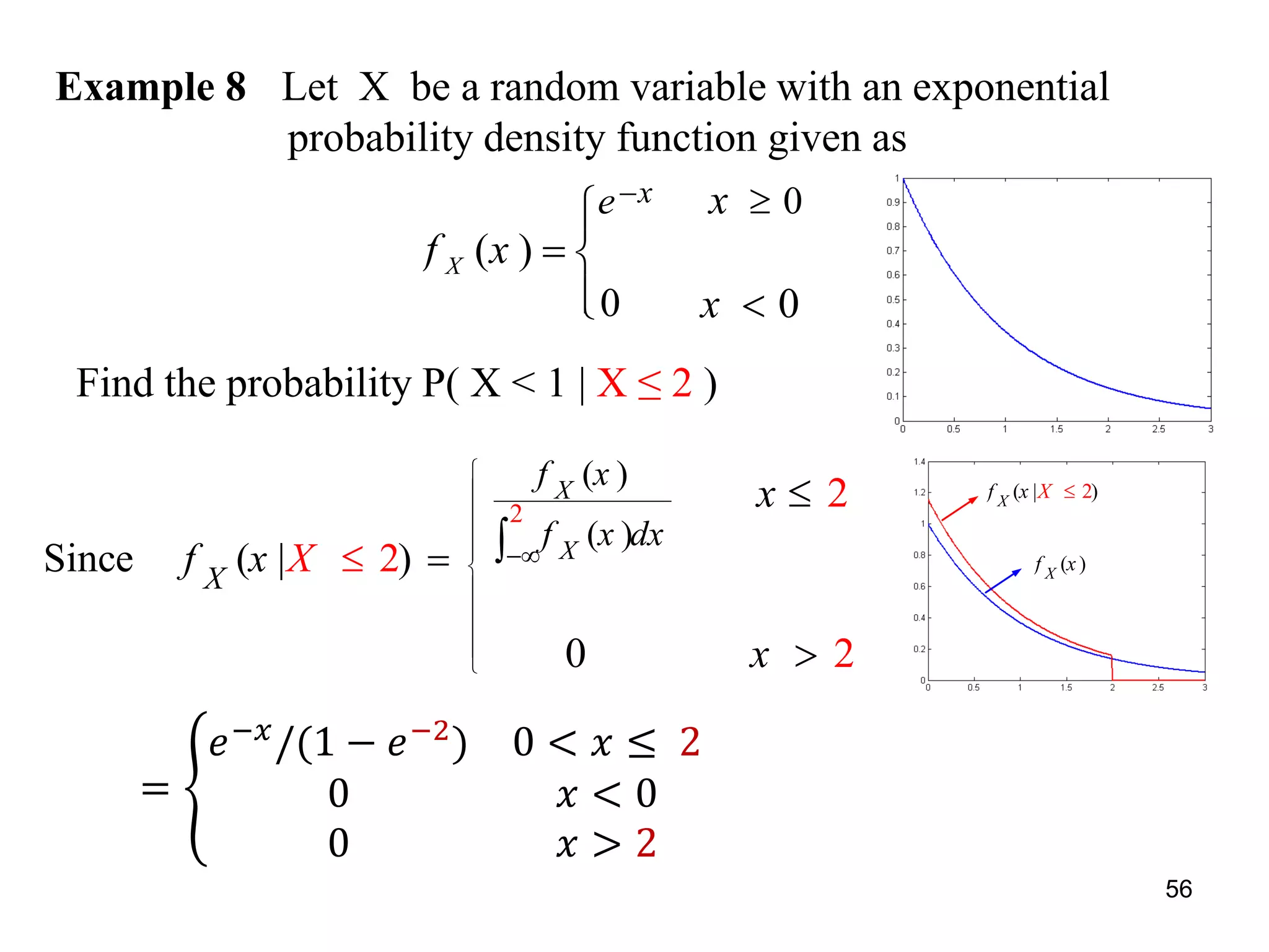 Example 8 Let X be a random variable with an exponential
probability density function given as
0
0 0
( )X
xe x
x
f x
 


 

2
( )
( )
Since 2( | )
2
0 2
X
X
X
f x
f x dx
f x X
x
x















Find the probability P( X < 1 | X ≤ 2 )
( | )2X
Xf x 
( )X
f x
56
=
𝑒−𝑥
/(1 − 𝑒−2
) 0 < 𝑥 ≤ 2
0 𝑥 < 0
0 𝑥 > 2
 