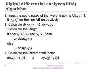 Digital differential analyzer(DDA)
Algorithm
3
1: Input the coordinates of the two end points A(x1,y1) &
B(x2,y2) for the line AB respectively.
2: Calculate dx=x2-x1 & dy=y2-y1
3: Calculate the length L
if abs(x2-x1) >= abs(y2-y1) then
L=abs(x2-x1)
else
L=abs(y2-y1)
4: Calculate the incremental factor
dx=(x2-x1)/L & dy=(y2-y1)/L
Dheeraj S Sadawarte
https://dheerajsadawarte.blogspot.com
 
