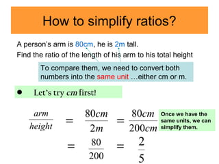 How to simplify ratios?
A person’s arm is 80cm, he is 2m tall.
Find the ratio of the length of his arm to his total height
m
cm
2
80
=
cm
cm
200
80
200
80 =
5
2
To compare them, we need to convert both
numbers into the same unit …either cm or m.
• Let’s try cm first!
=height
arm
=
Once we have the
same units, we can
simplify them.
 