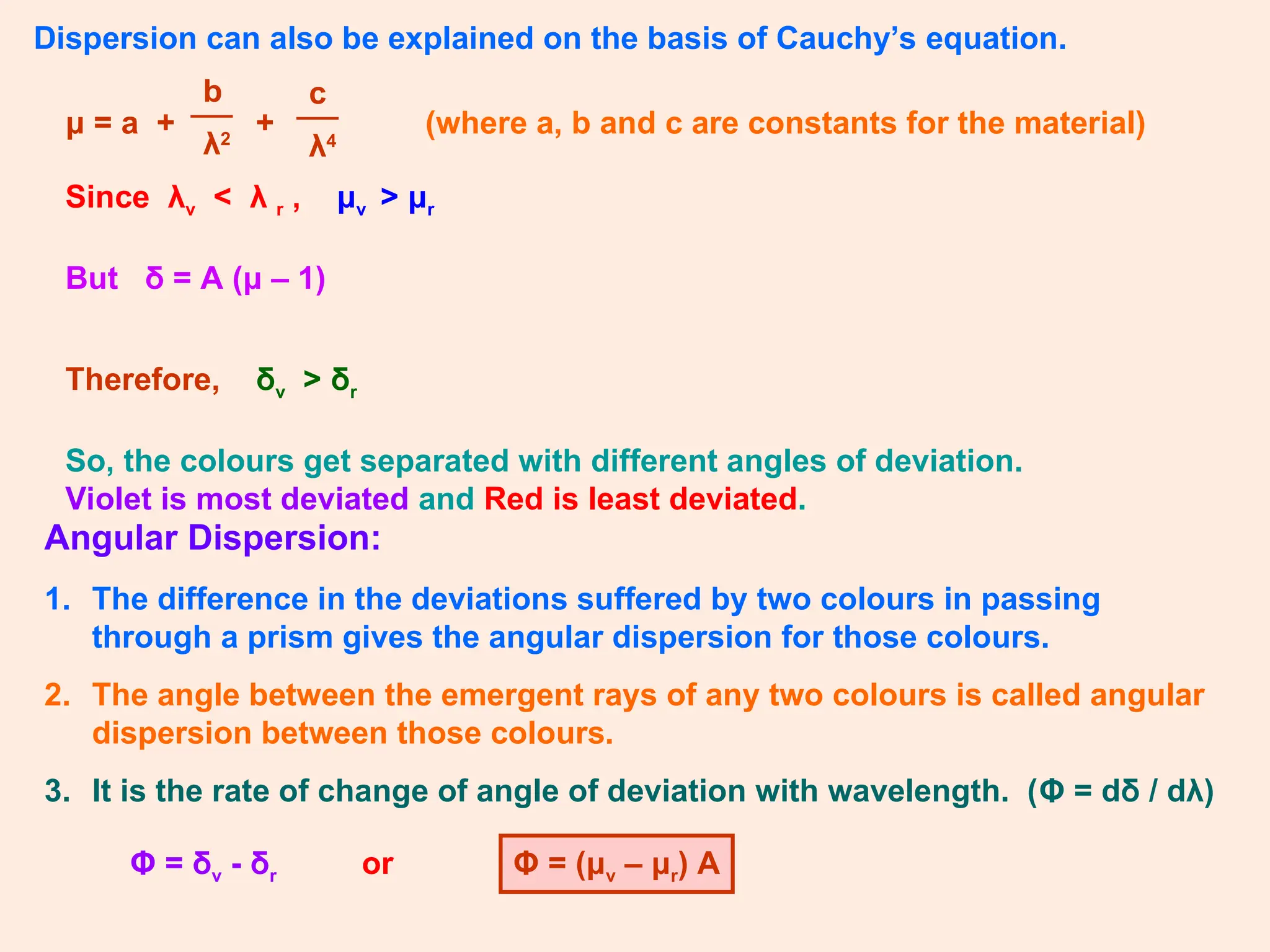 Dispersion can also be explained on the basis of Cauchy’s equation.
μ = a +
b
λ2
c
λ4
+ (where a, b and c are constants for the material)
Since λv < λ r , μv > μr
But δ = A (μ – 1)
Therefore, δv > δr
So, the colours get separated with different angles of deviation.
Violet is most deviated and Red is least deviated.
Angular Dispersion:
1. The difference in the deviations suffered by two colours in passing
through a prism gives the angular dispersion for those colours.
2. The angle between the emergent rays of any two colours is called angular
dispersion between those colours.
3. It is the rate of change of angle of deviation with wavelength. (Φ = dδ / dλ)
Φ = δv - δr or Φ = (μv – μr) A
 