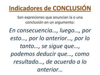 Indicadores de CONCLUSIÓN
   Son expresiones que anuncian la o una
       conclusión en un argumento:

En consecuencia…, luego…, por
esto…, por lo anterior…, por lo
    tanto…, se sigue que…,
 podemos deducir que…, como
  resultado…, de acuerdo a lo
           anterior…
 