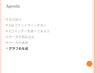 Agenda


   自己紹介
   Rはコマンドラインが多い
   Rコマンダーを使ってみよう
   データの読み込み
   データの参照
   グラフの生成
 