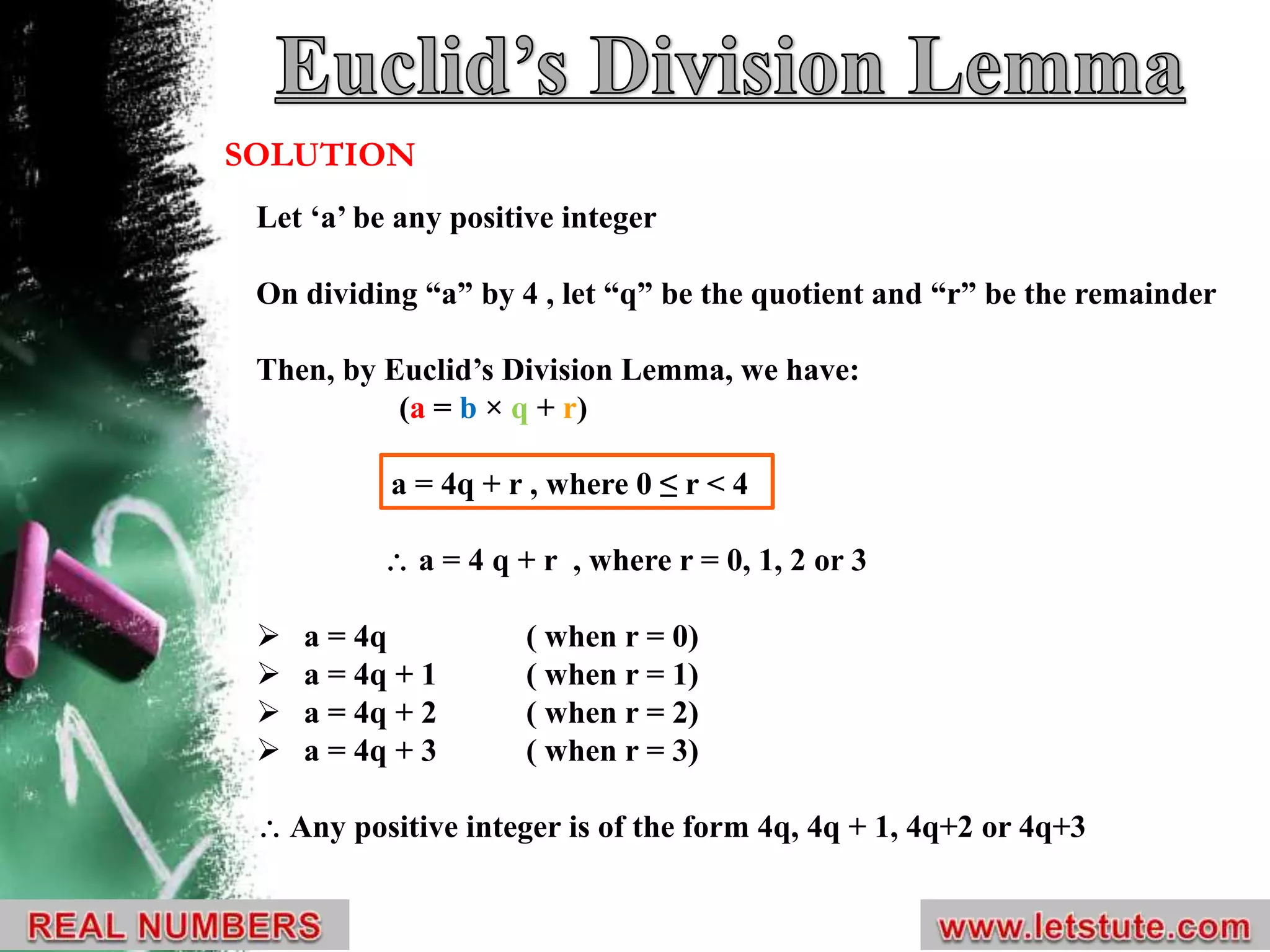 SOLUTION
Let ‘a’ be any positive integer
On dividing “a” by 4 , let “q” be the quotient and “r” be the remainder
Then, by Euclid’s Division Lemma, we have:
(a = b × q + r)
a = 4q + r , where 0 ≤ r < 4
 a = 4 q + r , where r = 0, 1, 2 or 3
 a = 4q ( when r = 0)
 a = 4q + 1 ( when r = 1)
 a = 4q + 2 ( when r = 2)
 a = 4q + 3 ( when r = 3)
 Any positive integer is of the form 4q, 4q + 1, 4q+2 or 4q+3
 