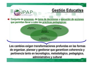 Gestión Educativa
 Conjunto de procesos, de toma de decisiones y ejecución de acciones
 que permitan llevar a cabo las prácticas pedagógicas;
                 Gestión                      Gestión
                Programas                    Aprendizaje

                               Gestión
                              Educativa




                              Gestión
                            Administrativa




Los cambios exigen transformaciones profundas en las formas
 de organizar, planear y gestionar que garanticen coherencia y
 pertinencia tanto en tecnológico, metodológico, pedagógico,
                    administrativo y cultural
 
