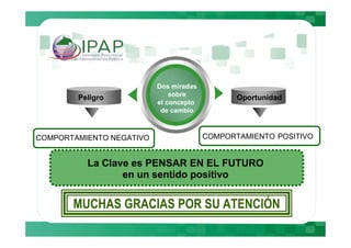 Dos miradas
                              sobre
        Peligro                                Oportunidad
                          el concepto
                           de cambio



COMPORTAMIENTO NEGATIVO                 COMPORTAMIENTO POSITIVO


          La Clave es PENSAR EN EL FUTURO
                 en un sentido positivo


       MUCHAS GRACIAS POR SU ATENCIÓN
 