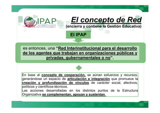 El concepto de Red
                         (encierra y contiene la Gestión Educativa)

                            El IPAP

es entonces, una “Red Interinstitucional para el desarrollo
de los agentes que trabajan en organizaciones públicas y
            privadas, gubernamentales o no”.



En base al concepto de cooperación, se aúnan esfuerzos y recursos,
generándose un espacio de articulación e integración que promueve la
creación y profundización de vínculos de carácter social, afectivos,
políticos y científicos-técnicos.
Las acciones desarrolladas en los distintos puntos de la Estructura
Organizativa se complementan, apoyan y sustentan.
 