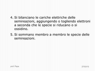 27/03/15prof. Papa
4. Si bilanciano le cariche elettriche delle
semireazioni, aggiungendo o togliendo elettroni
a seconda che le specie si riducano o si
ossidino.
5. Si sommano membro a membro le specie delle
semireazioni.
 