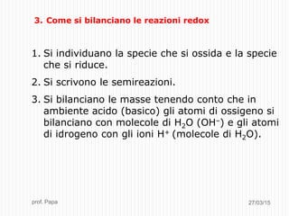 27/03/15prof. Papa
3. Come si bilanciano le reazioni redox
1. Si individuano la specie che si ossida e la specie
che si riduce.
2. Si scrivono le semireazioni.
3. Si bilanciano le masse tenendo conto che in
ambiente acido (basico) gli atomi di ossigeno si
bilanciano con molecole di H2O (OH–) e gli atomi
di idrogeno con gli ioni H+ (molecole di H2O).
 