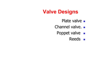 Valve Designs
?
Plate valve
?
Channel valve.
?
Poppet valve
?
Reeds
 