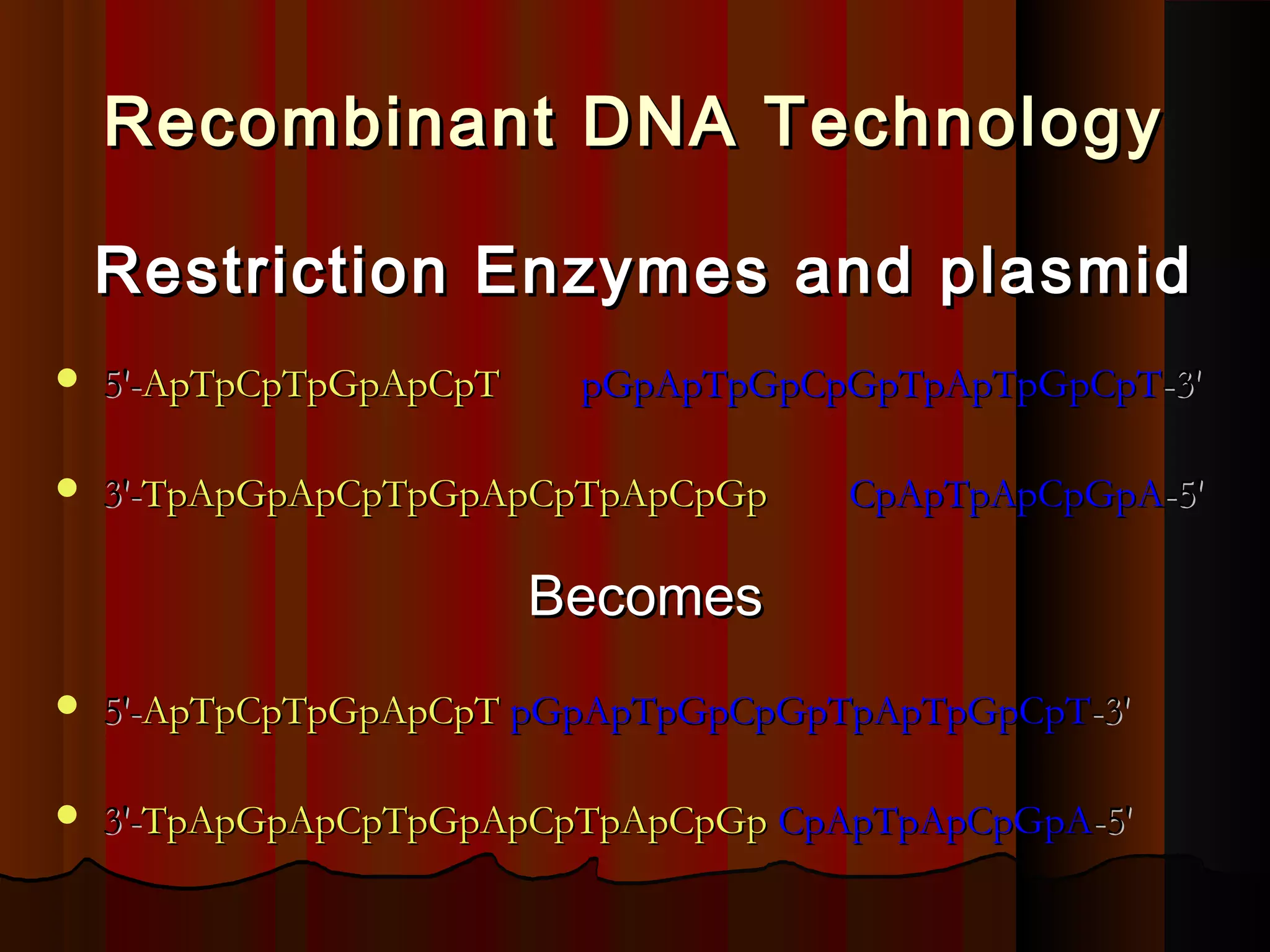 Recombinant DNA TechnologyRecombinant DNA Technology
Restriction Enzymes and plasmidRestriction Enzymes and plasmid
 5'-5'-ApTpCpTpGpApCpTApTpCpTpGpApCpT pGpApTpGpCpGpTpApTpGpCpTpGpApTpGpCpGpTpApTpGpCpT-3'-3'
 3'-3'-TpApGpApCpTpGpApCpTpApCpGpTpApGpApCpTpGpApCpTpApCpGp CpApTpApCpGpACpApTpApCpGpA-5'-5'
BecomesBecomes
 5'-5'-ApTpCpTpGpApCpTApTpCpTpGpApCpT pGpApTpGpCpGpTpApTpGpCpTpGpApTpGpCpGpTpApTpGpCpT-3'-3'
 3'-3'-TpApGpApCpTpGpApCpTpApCpGpTpApGpApCpTpGpApCpTpApCpGp CpApTpApCpGpACpApTpApCpGpA-5'-5'
 