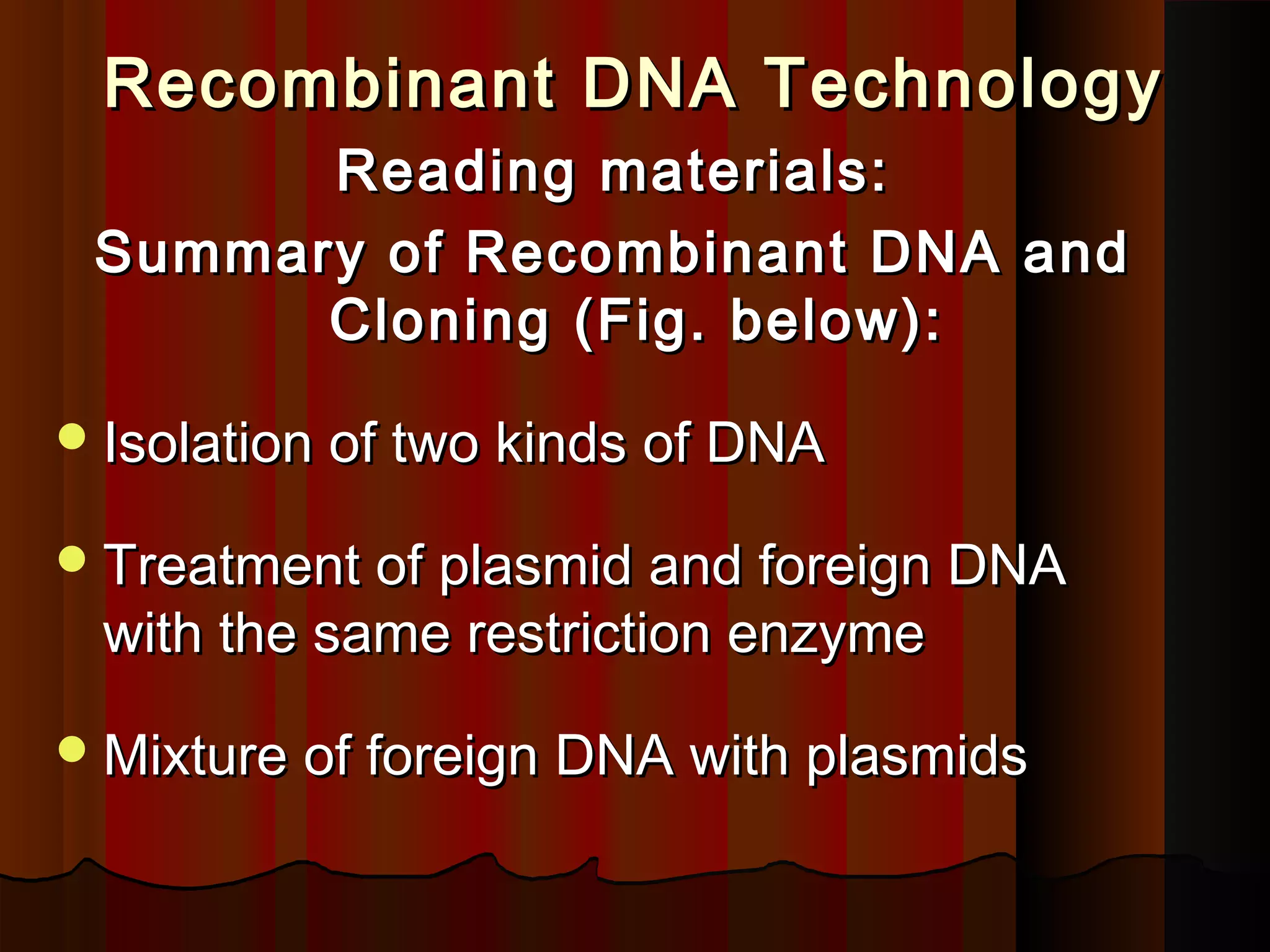 Recombinant DNA TechnologyRecombinant DNA Technology
Reading materials:Reading materials:
Summary of Recombinant DNA andSummary of Recombinant DNA and
Cloning (Fig. below):Cloning (Fig. below):
Isolation of two kinds of DNAIsolation of two kinds of DNA
Treatment of plasmid and foreign DNATreatment of plasmid and foreign DNA
with the same restriction enzymewith the same restriction enzyme
Mixture of foreign DNA with plasmidsMixture of foreign DNA with plasmids
 