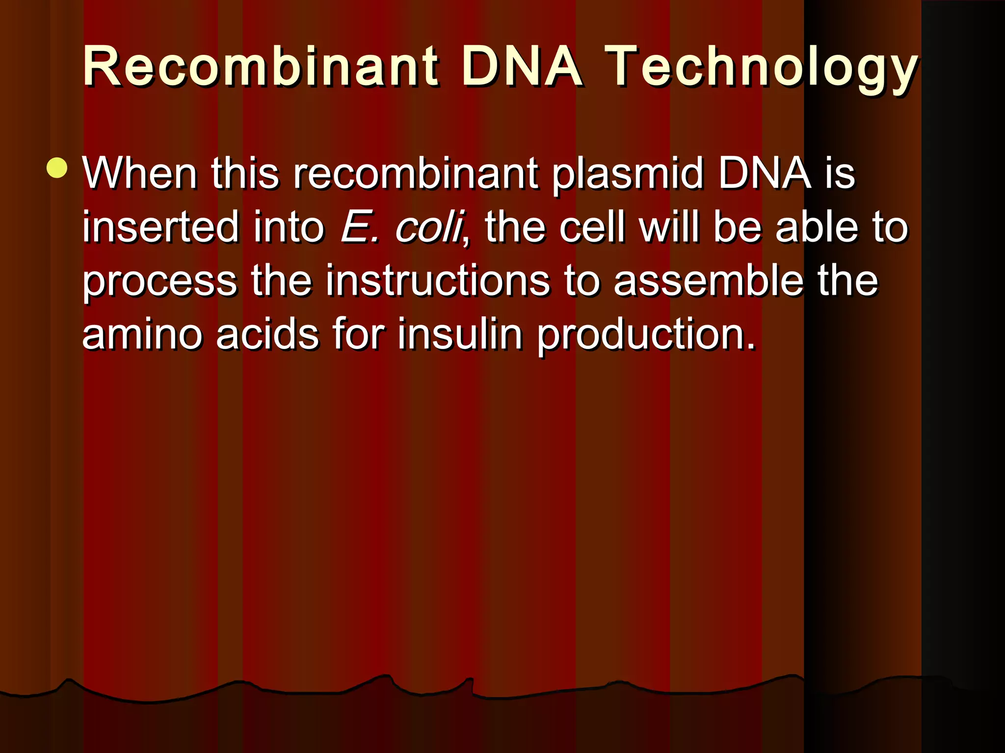 Recombinant DNA TechnologyRecombinant DNA Technology
When this recombinant plasmid DNA isWhen this recombinant plasmid DNA is
inserted intoinserted into E. coliE. coli, the cell will be able to, the cell will be able to
process the instructions to assemble theprocess the instructions to assemble the
amino acids for insulin production.amino acids for insulin production.
 