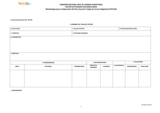 COMISIÓN NACIONAL SNTE DE CARRERA MAGISTERIAL
                                                              FACTOR ACTIVIDADES COCURRICULARES
                                      Metodología para la elaboración del Plan Anual de Trabajo de Carrera Magisterial (PATCM)




Formato de planeación del PATCM


                                                                   a) NOMBRE DEL TEMA DEL PATCM

b) Ciclo Escolar:                                                      c) Escuela Primaria:                                        d) Vertiente/Periodo escolar


e) TEMÁTICA:                                                           f) ACTIVIDAD SUGERIDA:

g) DIAGNÓSTICO:




h) OBJETIVO:




                                                                                                   j) IMPLEMENTACION                                     l) EVALUACIÓN
                                  i) PROGRAMACIÓN
                                                                                                PRODUCTO                    k) SEGUIMIENTO
        META                        ACTIVIDAD                            TEMPORALIDAD                           EVIDENCIA                      INSTRUMENTO         RESULTADO
                                                                                                ESPERADO




m) BIBILIOGRAFIA




                                                                                                                                                                    Octubre de 2011
                                                                                    3
 