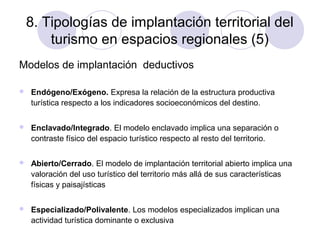 8. Tipologías de implantación territorial del
turismo en espacios regionales (5)
Modelos de implantación deductivos


Endógeno/Exógeno. Expresa la relación de la estructura productiva
turística respecto a los indicadores socioeconómicos del destino.



Enclavado/Integrado. El modelo enclavado implica una separación o
contraste físico del espacio turístico respecto al resto del territorio.



Abierto/Cerrado. El modelo de implantación territorial abierto implica una
valoración del uso turístico del territorio más allá de sus características
físicas y paisajísticas



Especializado/Polivalente. Los modelos especializados implican una
actividad turística dominante o exclusiva

 