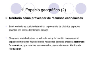 1. Espacio geográfico (2)
El territorio como proveedor de recursos económicos


En el territorio es posible determinar la presencia de distintos espacios
sociales con límites territoriales difusos



El espacio social adquiere un valor de uso y de cambio puesto que el
espacio como factor múltiple en las relaciones sociales presenta Recursos
Económicos, que una vez transformados, se convierten en Medios de
Producción

 