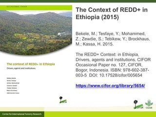 The Context of REDD+ in
Ethiopia (2015)
Bekele, M.; Tesfaye, Y.; Mohammed,
Z.; Zewdie, S.; Tebikew, Y.; Brockhaus,
M.; Kassa, H. 2015.
The REDD+ Context: in Ethiopia,
Drivers, agents and institutions. CIFOR
Occasional Paper no. 127, CIFOR,
Bogor, Indonesia. ISBN: 978-602-387-
003-5 DOI: 10.17528/cifor/005654
https://www.cifor.org/library/5654/
 