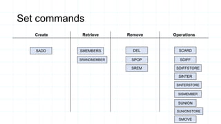 Create Retrieve Remove Operations
Set commands
SADD SMEMBERS DEL
SPOP
SREM
SCARD
SDIFF
SDIFFSTORE
SINTER
SINTERSTORE
SISMEMBER
SUNION
SMOVE
SUNIONSTORE
SRANDMEMBER
 