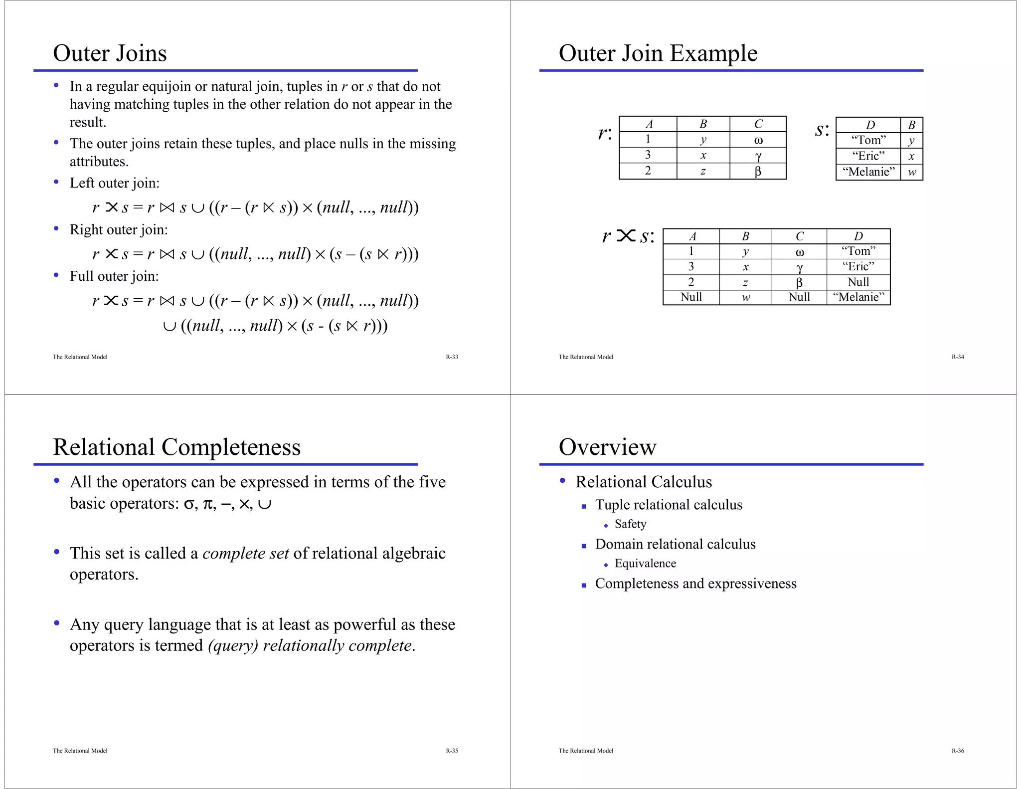 Outer Joins                                                                    Outer Join Example
• In a regular equijoin or natural join, tuples in r or s that do not
      having matching tuples in the other relation do not appear in the
      result.                                                                                              A           B       C
                                                                                             r:            1           y       ω
                                                                                                                                          s:       D
                                                                                                                                                 “Tom”
                                                                                                                                                            B
                                                                                                                                                            y
•     The outer joins retain these tuples, and place nulls in the missing
                                                                                                           3           x       γ                 “Eric”     x
      attributes.
                                                                                                           2           z       β                “Melanie”   w
•     Left outer join:
              r L s = r n s ∪ ((r – (r l s)) × (null, ..., null))
• Right outer join:                                                                           r N s:                 A     B        C             D
      r R s = r n s ∪ ((null, ..., null) × (s – (s l r)))                                                            1     y        ω           “Tom”
                                                                                                                     3     x        γ           “Eric”
• Full outer join:                                                                                                   2     z        β            Null
      r N s = r n s ∪ ((r – (r l s)) × (null, ..., null))                                                           Null   w       Null        “Melanie”

                   ∪ ((null, ..., null) × (s - (s l r)))
The Relational Model                                                    R-33   The Relational Model                                                             R-34




Relational Completeness                                                        Overview
• All the operators can be expressed in terms of the five                      • Relational Calculus
      basic operators: σ, π, −, ×, ∪                                                        Tuple relational calculus
                                                                                               x      Safety
                                                                                            Domain relational calculus
• This set is called a complete set of relational algebraic                                    x      Equivalence
      operators.                                                                            Completeness and expressiveness

• Any query language that is at least as powerful as these
      operators is termed (query) relationally complete.




The Relational Model                                                    R-35   The Relational Model                                                             R-36
 