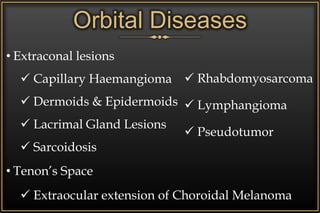 Orbital Diseases
• Extraconal lesions
 Capillary Haemangioma
 Dermoids & Epidermoids
 Lacrimal Gland Lesions
 Sarcoidosis
• Tenon’s Space
 Extraocular extension of Choroidal Melanoma
 Rhabdomyosarcoma
 Lymphangioma
 Pseudotumor
 