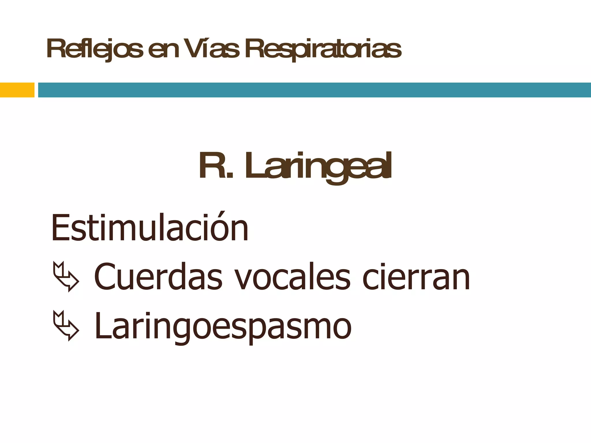 Reflejos en Vías Respiratorias R. Laringeal Estimulación     Cuerdas vocales cierran     Laringoespasmo   