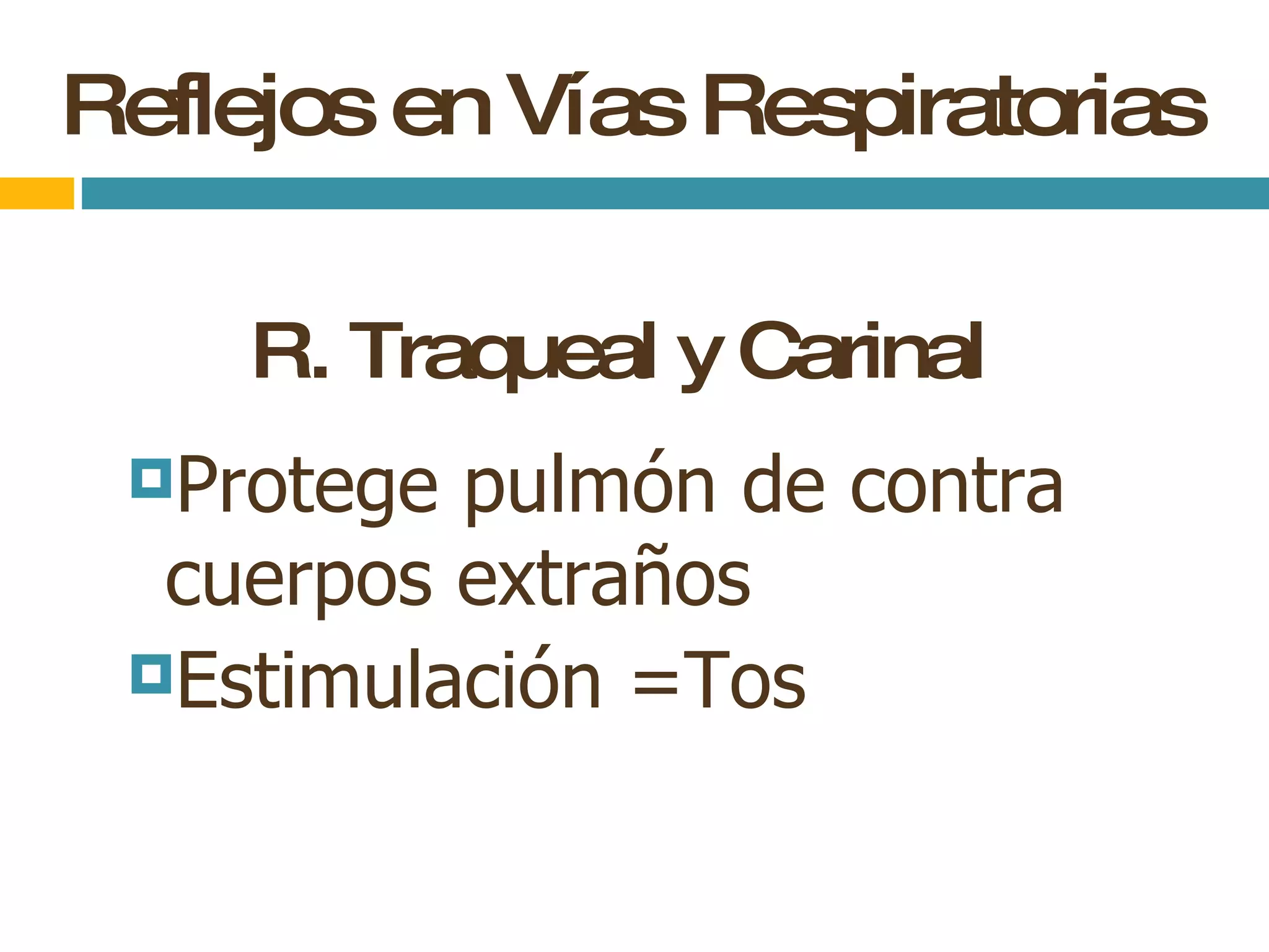 Reflejos en Vías Respiratorias R. Traqueal y Carinal Protege pulmón de contra cuerpos extraños Estimulación =Tos   