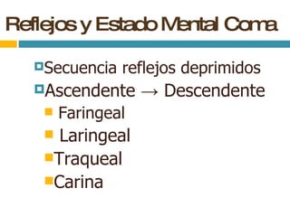 Reflejos y Estado Mental Coma Secuencia reflejos deprimidos Ascendente  -> Descendente Faringeal Laringeal Traqueal Carina 