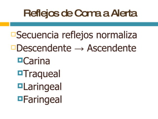 Reflejos de Coma a Alerta Secuencia reflejos normaliza Descendente   ->  Ascendente Carina Traqueal Laringeal Faringeal 