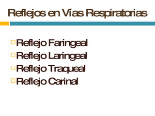 Reflejos en Vías Respiratorias Reflejo Faringeal Reflejo Laringeal Reflejo Traqueal Reflejo Carinal 