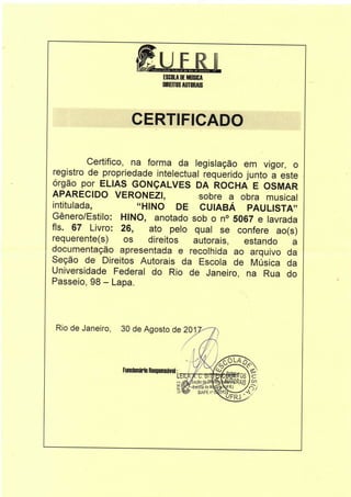 2º registro certificado hino de cuiabá paulista