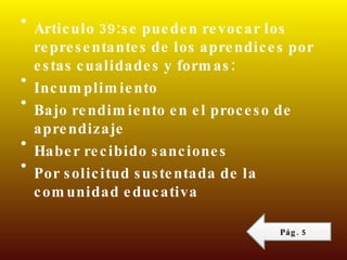 Articulo 39:se pueden revocar los representantes de los aprendices por estas cualidades y formas: Incumplimiento Bajo rendimiento en el proceso de aprendizaje Haber recibido sanciones Por solicitud sustentada de la comunidad educativa Pág. 5 