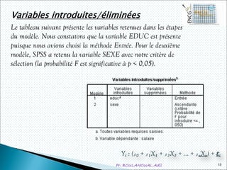 Pr. BOULAHOUAL Adil
Variables introduites/éliminées
Le tableau suivant présente les variables retenues dans les étapes
du modèle. Nous constatons que la variable EDUC est présente
puisque nous avions choisi la méthode Entrée. Pour le deuxième
modèle, SPSS a retenu la variable SEXE avec notre critère de
sélection (la probabilité F est significative à p < 0,05).
10
 