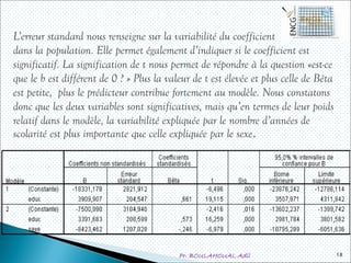 Pr. BOULAHOUAL Adil
L’erreur standard nous renseigne sur la variabilité du coefficient
dans la population. Elle permet également d’indiquer si le coefficient est
significatif. La signification de t nous permet de répondre à la question «est-ce
que le b est différent de 0 ? » Plus la valeur de t est élevée et plus celle de Bêta
est petite, plus le prédicteur contribue fortement au modèle. Nous constatons
donc que les deux variables sont significatives, mais qu’en termes de leur poids
relatif dans le modèle, la variabilité expliquée par le nombre d’années de
scolarité est plus importante que celle expliquée par le sexe.
18
 