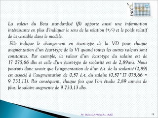 Pr. BOULAHOUAL Adil
La valeur du Beta standardisé (β) apporte aussi une information
intéressante en plus d’indiquer le sens de la relation (+/-) et le poids relatif
de la variable dans le modèle.
Elle indique le changement en écart-type de la VD pour chaque
augmentation d’un écart-type de la VI quand toutes les autres valeurs sont
constantes. Par exemple, la valeur d’un écart-type du salaire est de
17 075,66 dhs et celle d’un écart-type de scolarité est de 2,89ans. Nous
pouvons donc savoir que l’augmentation de d’un é.-t. de la scolarité (2,89)
est associé à l’augmentation de 0,57 é.-t. du salaire (0,57*17 075,66 =
9 733,13). Par conséquent, chaque fois que l’on étudie 2,89 années de
plus, le salaire augmente de 9 733,13 dhs.
19
 