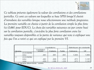 Pr. BOULAHOUAL Adil
Ce tableau présente également la valeur des corrélations et des corrélations
partielles. Ce sont ces valeurs sur lesquelles se base SPSS lorsqu’il choisit
d’introduire des variables lorsque nous sélectionnons une méthode progressive.
La première variable est choisie à partir de la corrélation simple la plus forte
(ici 0,661 pour EDUC). Le choix des variables suivantes est par contre basé
sur la corrélation partielle, c'est-à-dire la plus forte corrélation entre les
variables toujours disponibles et la partie de variance qui reste à expliquer une
fois que l’on a retiré ce qui est expliqué par la première VI.
20
 