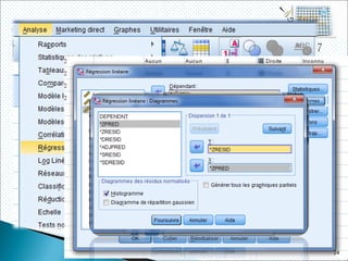 Pr. BOULAHOUAL Adil
Les graphiques offerts peuvent vous permettre de vérifier par un examen
visuel les prémisses de la régression linéaire multiple. Celui croisant les
valeurs prédites (*ZPRED) et résiduelles (*ZRESID) standardisées,
depuis le menu diagramme, illustre le respect (ou le non respect) de la
prémisse d’homogénéité (répartition aléatoire des points autour de 0) et
de linéarité (tendance des points à se concentrer autour d’une ligne).
En examinant le diagnostic des observations, nous constatons que 7
individus ont des salaires de plus de 83 750 $. Ils s’écartent vraiment
des valeurs moyennes, car la valeur résiduelle standardisée pour chacun
est de plus de 3 écart-types. Les employés gagnant plus de 100 000 $
annuellement présentent un problème majeur. Il serait probablement
judicieux de refaire l’analyse en excluant ces hauts salariés et de vérifier
la variation des coefficients.
24
 