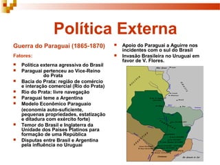 Política Externa
Guerra do Paraguai (1865-1870)
Fatores:
 Política externa agressiva do Brasil
 Paraguai pertenceu ao Vice-Reino
do Prata
 Bacia do Prata: região de comércio
e interação comercial (Rio do Prata)
 Rio do Prata: livre navegação
 Paraguai teme a Argentina
 Modelo Econômico Paraguaio
(economia auto-suficiente,
pequenas propriedades, estatização
e ditadura com exército forte)
 Temor do Brasil e Inglaterra da
Unidade dos Países Platinos para
formação de uma República
 Disputas entre Brasil e Argentina
pela influência no Uruguai
 Apoio do Paraguai a Aguirre nos
incidentes com o sul do Brasil
 Invasão Brasileira no Uruguai em
favor de V. Flores.
 