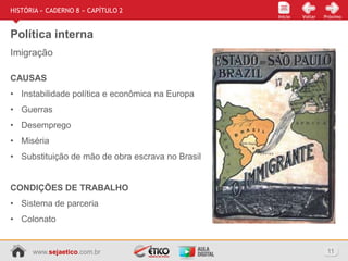 www.sejaetico.com.br 11
Início PróximoVoltarInício
HISTÓRIA » CADERNO 8 » CAPÍTULO 2
Política interna
CAUSAS
• Instabilidade política e econômica na Europa
• Guerras
• Desemprego
• Miséria
• Substituição de mão de obra escrava no Brasil
CONDIÇÕES DE TRABALHO
• Sistema de parceria
• Colonato
Imigração
 