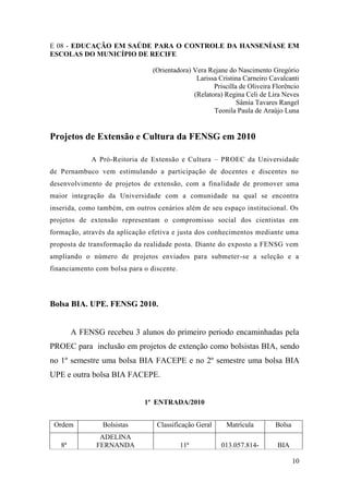E 08 - EDUCAÇÃO EM SAÚDE PARA O CONTROLE DA HANSENÍASE EM
ESCOLAS DO MUNICÍPIO DE RECIFE

                                (Orientadora) Vera Rejane do Nascimento Gregório
                                               Larissa Cristina Carneiro Cavalcanti
                                                     Priscilla de Oliveira Florêncio
                                              (Relatora) Regina Celi de Lira Neves
                                                              Sâmia Tavares Rangel
                                                     Teonila Paula de Araújo Luna


Projetos de Extensão e Cultura da FENSG em 2010

             A Pró-Reitoria de Extensão e Cultura – PROEC da Universidade
de Pernambuco vem estimulando a participação de docentes e discentes no
desenvolvimento de projetos de extensão, com a finalidade de promover uma
maior integração da Universidade com a comunidade na qual se encontra
inserida, como também, em outros cenários além de seu espaço institucional. Os
projetos de extensão representam o compromisso social dos cientistas em
formação, através da aplicação efetiva e justa dos conhecimentos mediante uma
proposta de transformação da realidade posta. Diante do exposto a FENSG vem
ampliando o número de projetos enviados para submeter-se a seleção e a
financiamento com bolsa para o discente.




Bolsa BIA. UPE. FENSG 2010.


        A FENSG recebeu 3 alunos do primeiro periodo encaminhadas pela
PROEC para inclusão em projetos de extenção como bolsistas BIA, sendo
no 1º semestre uma bolsa BIA FACEPE e no 2º semestre uma bolsa BIA
UPE e outra bolsa BIA FACEPE.


                             1ª ENTRADA/2010


 Ordem          Bolsistas        Classificação Geral      Matrícula        Bolsa
               ADELINA
   8ª         FERNANDA                     11ª          013.057.814-        BIA

                                                                                   10
 