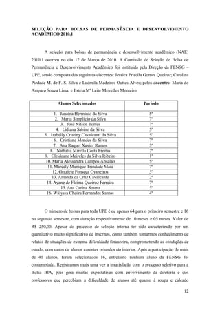SELEÇÃO PARA BOLSAS DE PERMANÊNCIA E DESENVOLVIMENTO
ACADÊMICO 2010.1



       A seleção para bolsas de permanência e desenvolvimento acadêmico (NAE)
2010.1 ocorreu no dia 12 de Março de 2010. A Comissão de Seleção de Bolsa de
Permanência e Desenvolvimento Acadêmico foi instituída pela Direção da FENSG –
UPE, sendo composta dos seguintes discentes: Jéssica Priscila Gomes Queiroz; Carolina
Piedade M. de F. S. Silva e Ludmila Medeiros Outtes Alves; pelos docentes: Maria do
Amparo Souza Lima; e Estela Mª Leite Meirelles Monteiro

              Alunos Selecionados                            Período

             1. Janaína Hermínio da Silva                       5º
              2. Maria Simplício da Silva                       7º
                 3. José Nilson Torres                          7º
              4. Lidiana Sabino da Silva                        5º
       5. Izabelly Cristiny Cavalcanti da Silva                 5º
             6. Cristiane Mendes da Silva                       7º
            7. Ana Raquel Xavier Ramos                          3º
          8. Nathalia Mirella Costa Freitas                     2º
       9. Cleideane Meireles da Silva Ribeiro                   1º
        10. Maria Alessandra Campos Absalão                     5º
         11. Marcely Munique Trindade Maia                      7º
            12. Graziele Fonseca Cysneiros                      5º
           13. Amanda da Cruz Cavalcante                        2º
        14. Ayane de Fátima Queiroz Ferreira                    7º
                 15. Ana Carina Sotero                          5º
        16. Wályssa Cheiza Fernandes Santos                     4º



       O número de bolsas para toda UPE é de apenas 64 para o primeiro semestre e 16
no segundo semestre, com duração respectivamente de 10 meses e 05 meses. Valor de
R$ 250,00. Apesar do processo de seleção interna ter sido caracterizado por um
quantitativo muito significativo de inscritos, como também tomarmos conhecimento de
relatos de situações de extrema dificuldade financeira, comprometendo as condições de
estudo, com casos de alunos carentes oriundos do interior. Após a participação de mais
de 40 alunos, foram selecionados 16, entretanto nenhum aluno da FENSG foi
contemplado. Registramos mais uma vez a insatisfação com o processo seletivo para a
Bolsa BIA, pois gera muitas expectativas com envolvimento da diretoria e dos
professores que percebiam a dificuldade de alunos até quanto à roupa e calçado

                                                                                   12
 