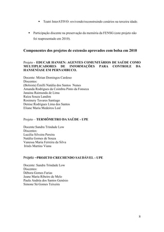    Teatri InterATIVO: revivendo/reconstruindo cenários na terceira idade.


      Participação discente na preservação da memória da FENSG (este projeto não
       foi reapresentado em 2010).


Componentes dos projetos de extensão aprovados com bolsa em 2010


Projeto - EDUCAR HANSEN: AGENTES COMUNITÁRIOS DE SAÚDE COMO
MULTIPLICADORES DE INFORMAÇÕES PARA CONTROLE DA
HANSENÍASE EM PERNAMBUCO.

Docente: Mirian Domingos Cardoso
Discentes:
(Bolsista) Émilli Natália dos Santos Nunes
Amanda Rodrigues da Coimbra Pinto da Fonseca
Janaina Raimunda de Lima
Raíza Souza Landim
Rosimery Tavares Santiago
Denise Rodrigues Lima dos Santos
Eliane Maria Medeiros Leal


Projeto – TERMÔMETRO DA SAÚDE - UPE

Docente:Sandra Trindade Low
Discentes:
Lucélia Silveira Pereira
Natália Gomes de Souza
Vanessa Maria Ferreira da Silva
Irinês Martins Viana


Projeto –PROJETO CRECHENDO SAUDÁVEL - UPE

Docente: Sandra Trindade Low
Discentes:
Débora Gomes Farias
Jeane Maria Ribeiro de Melo
Paula Andréa dos Santos Genésio
Simone Sá Gomes Teixeira




                                                                                       8
 