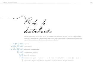 1 4
Rede de
distribuicaoAlém de comercializar seus produtos em sua loja virtual e canais alternativos de venda, o Grupo CAIXA SEGUROS
conta com a parceria e com a capilaridade da rede CAIXA. Hoje, o banco coloca à disposição dos brasileiros uma
rede com aproximadamente 65 mil pontos de atendimento. Confira:
agências
casas lotéricas
terminais de auto atendimento
correspondentes bancários
postos de atendimento
unidades móveis que atuam de forma itinerante, atendendo, inclusive, localidades em situação de emergência
agência barco (Agência Chico Mendes), que atende a população ribeirinha da região amazônica
+ de 3 mil
+ de 12 mil
+ de 29 mil
21 mil
723
19
1
P e r f i l i n s t i t u c i o n a l
 