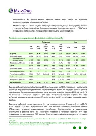 дополнительных. На данный момент Компания активно ведет работы по подготовке
    инфраструктуры связи к Универсиаде в Казани.
   «МегаФон» первым в России запустил в открытую тестовую эксплуатацию оплату проезда в метро
    с помощью мобильного телефона. Это стало возможным благодаря партнерству с ГУП «Санкт-
    Петербургский Метрополитен» при содействии Правительства Санкт-Петербурга.


Основные консолидированные финансовые показатели (млн. руб.) 3

                                               Три месяца                                     Год
                                                   4кв.                 4кв.
                            4кв.        4кв.      2010/      3кв.      2010/                                       2010/
                                                                                    2010     20094
                            2010       20094       4кв.      2010       3кв.                                       2009
                                                  2009                 2010
 Выручка                    58 991    48 345     22,0%       57 566     2,5%       215 515   181 883               18,5%
 Мобильный бизнес           55 596    48 139     15,5%       54 618     1,8%       207 862   181 209               14,7%
    включая выручку от
    передачи данных         6 230      3 436     81,3%       5 144     21,1%       19 967    10 794                85,0%
 Фиксированный бизнес       3 395      206         —         2 948     15,2%        7 653     674                   —
 OIBDA                      26 108    22 998     13,5%       26 538    (1,6%)      97 774    88 192                10,9%
 Мобильный бизнес           25 155      —          —         25 613    (1,8%)      95 344      —                    —
 Фиксированный бизнес        953        —          —          925       3,0%        2 430      —                    —
 Рентабельность OIBDA       44,3%     47,6%     (3,3 п.п.)   46,1%    (1,8 п.п.)   45,4%     48,5%             (3,1 п.п.)
 Мобильный бизнес           45,2%       —          —         46,9%    (1,7 п.п.)   45,9%       —                    —
 Фиксированный бизнес       28,1%       —          —         31,4%    (3,3 п.п.)   31,8%       —                    —
 Чистая прибыль             12 660    13 789     (8,2%)      14 006    (9,6%)      49 172    45 289                8,6%

Выручка мобильного сегмента Компании за 2010 год увеличилась на 14,7%, что связано с ростом числа
абонентов и существенным увеличением потребления услуг мобильной передачи данных. Данные
факторы также были основными драйверами роста выручки в четвертом квартале 2010 года на 15,5%
по сравнению с четвертым кварталом 2009 года. Относительно третьего квартала 2010 года
мобильная выручка в четвертом квартале 2010 года выросла на 1,8%, что отражает влияние сезонного
фактора.

Выручка от мобильной передачи данных за 2010 год составила примерно 20 млрд. руб., что на 85,0%
выше уровня 2009 года. Существенный рост был достигнут благодаря увеличению продаж
USB-модемов, активному стимулированию потребления Интернет-трафика и значительным
инвестициям в развитие сетей 3G. Увеличение показателя в четвертом квартале 2010 года
относительно третьего квартала 2010 года на фоне сезонной стабилизации выручки от голосового

3 Компания консолидирует финансовые результаты Группы «Синтерра» с июня 2010 года, ЗАО «Метроком» - с ноября
2010 года
4 Определенные суммы за предыдущие периоды были реклассифицированы в целях приведения в соответствие с
представлением информации в формате отчетного периода

                                                                                                       1
                                                                                                           1
                                                                                                               1
                                                                                                                        1
                                                                                                                            4
                                                                                                                            1
                                                                                                                                1




                                                                                                       1
                                                                                                           1            1
                                                                                                                            1
                                                                                                               1                1
 